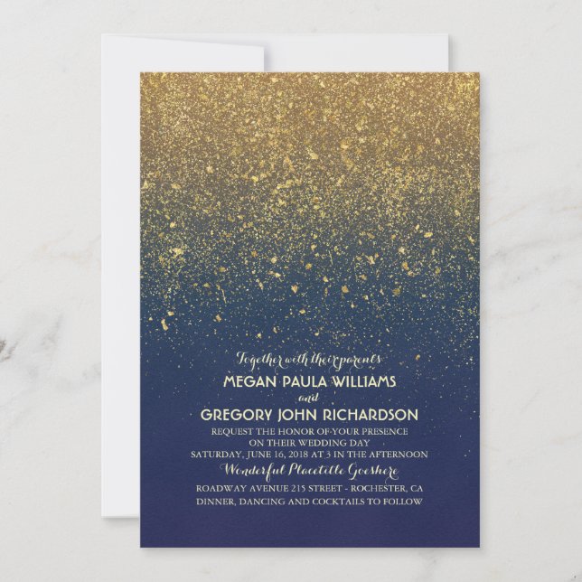 Vintage Gold Glitter Elegant Navy Wedding Invitation (Front)