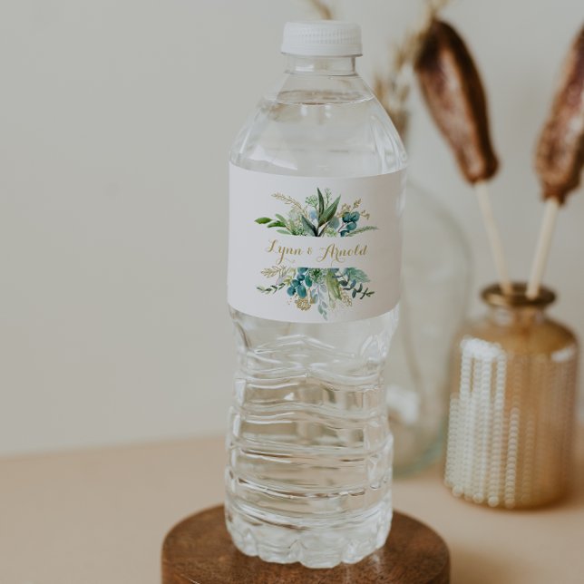 Vintage Gold & Green Eucalyptus Water Bottle Label (Creator Uploaded)