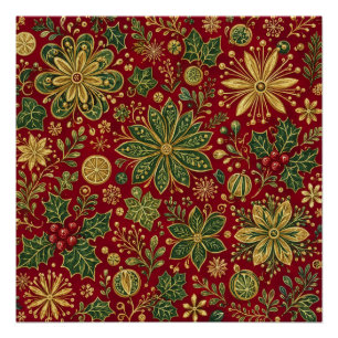 Vintage Gold Green Holly Christmas Botanical Poster