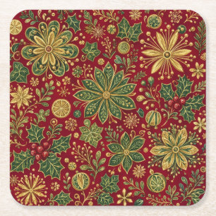 Vintage Gold Green Holly Christmas Botanical Square Paper Coaster