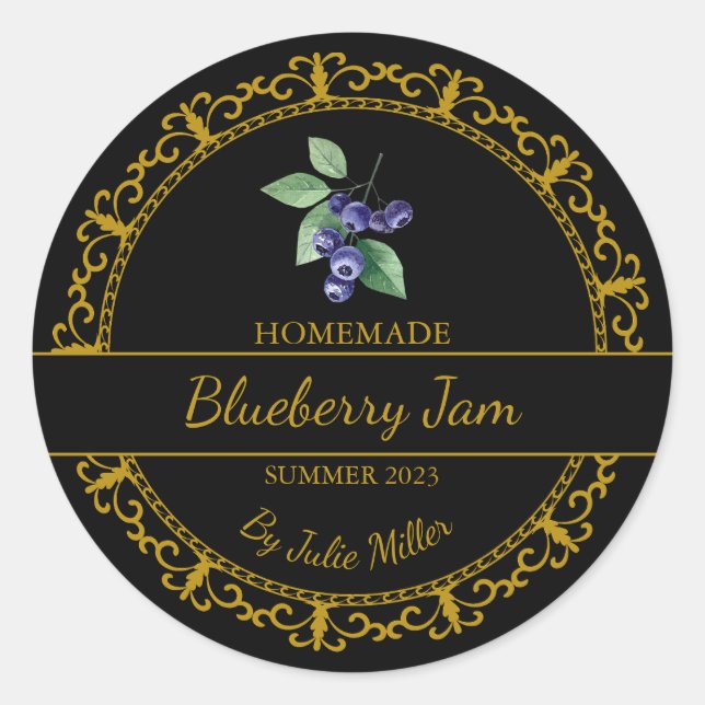 Vintage Gold Homemade Blueberry Jam Label | Black (Front)
