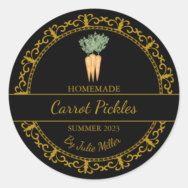 Vintage Gold Homemade Carrot Pickles Label | Black (Front)
