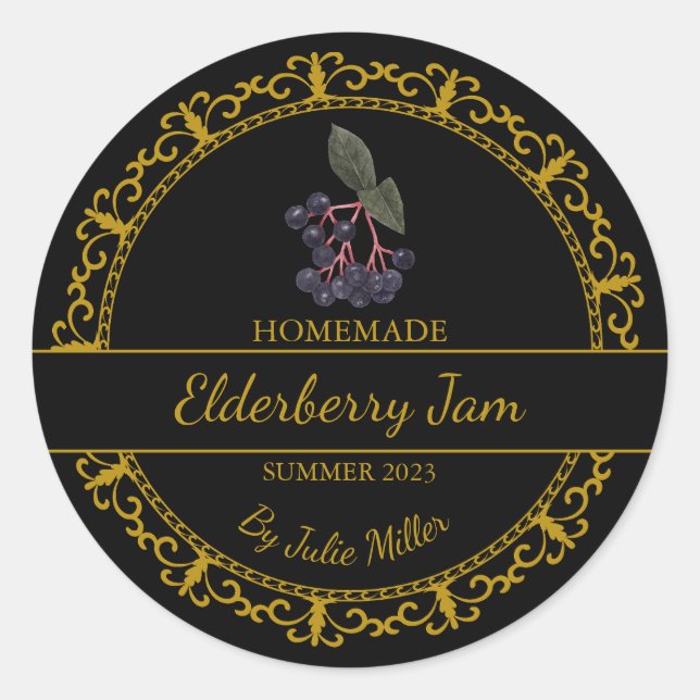 Vintage Gold Homemade Elderberry Jam Label (Front)