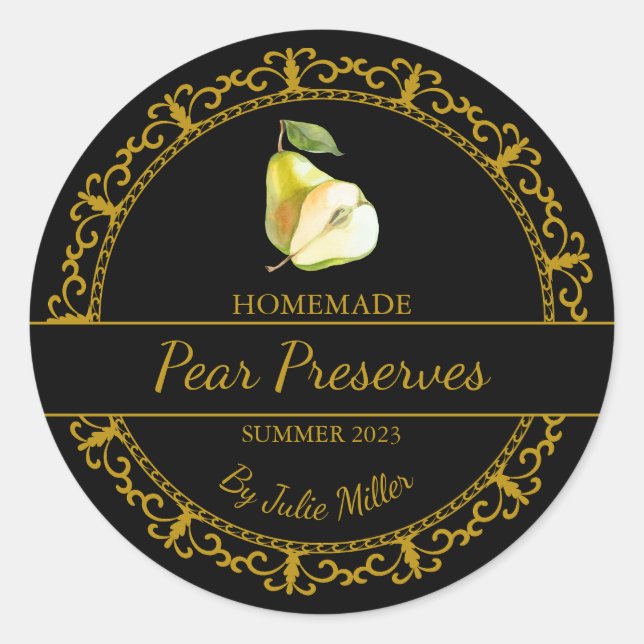 Vintage Gold Homemade Pear Preserves Label | Black (Front)