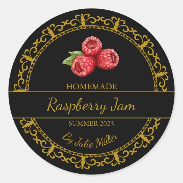 Vintage Gold Homemade Raspberry Jam Label | Black (Front)