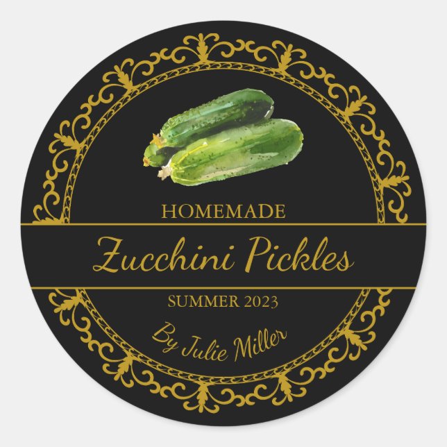 Vintage Gold Homemade Zucchini Pickles Label (Front)