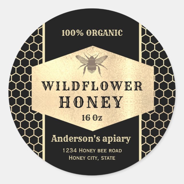 Vintage  gold honeybee honey jar label (Front)