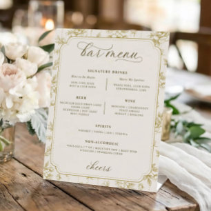 Vintage Gold & Ivory Floral Toile Bar Menu Wedding Pedestal Sign