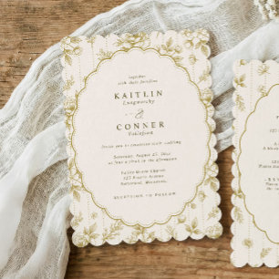 Vintage Gold & Ivory French Floral Oval Wedding Invitation