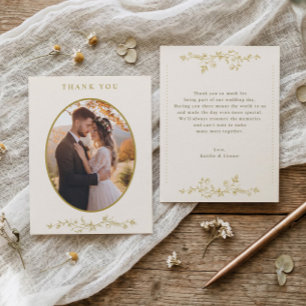 Vintage Gold & Ivory French Floral Wedding Photo Thank You Card