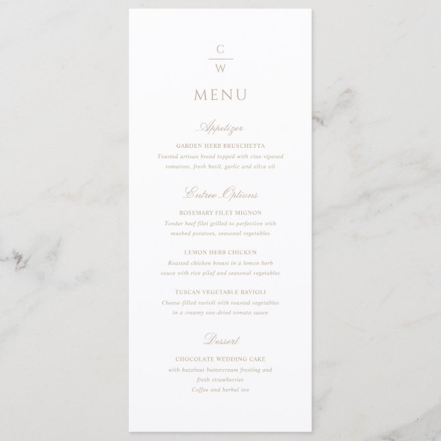 Vintage Gold Monogram Classic Modern Wedding Menu (Front)