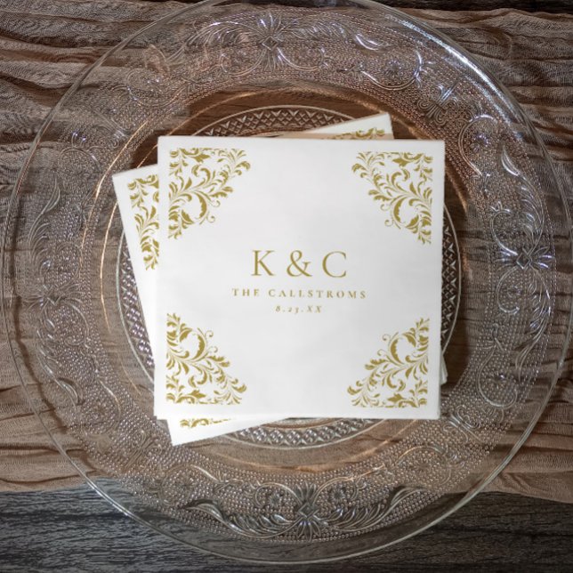 Vintage Gold Monogram Elegant Gold Wedding Napkin (Elegant gold monogram wedding napkin with printed baroque corners, perfect for receptions.)