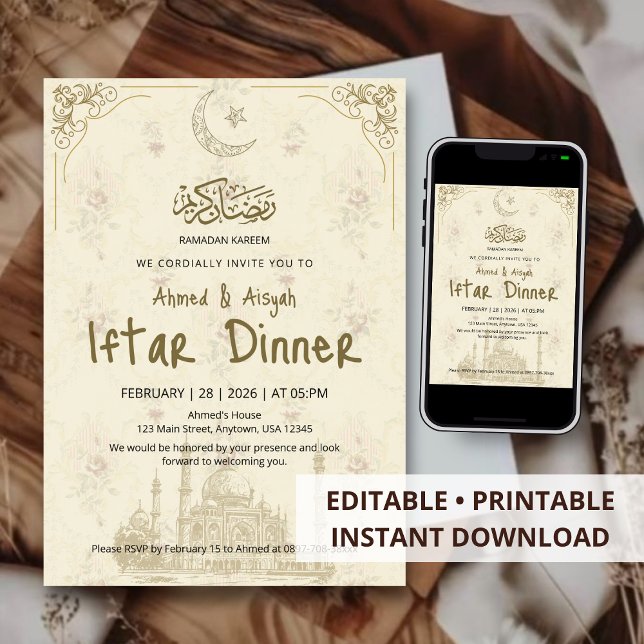 Vintage Gold Mosque Ramadan Kareem Iftar Dinner Invitation (Creator Uploaded)