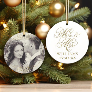 Vintage Gold Mr and Mrs Wedding Monogram Photo Ornament
