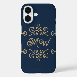Vintage Gold & Navy Blue Elegant Flourish Monogram iPhone 16 Case