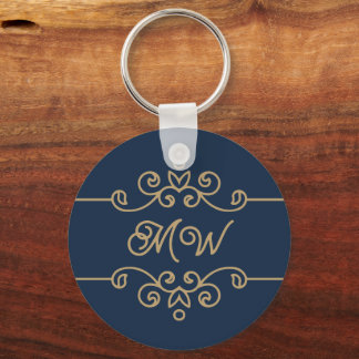 Vintage Gold & Navy Blue Elegant Flourish Monogram Key Ring