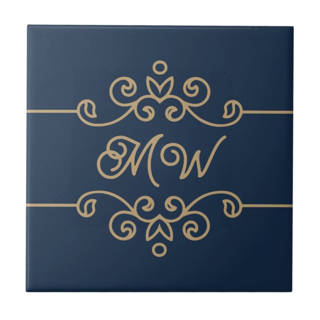 Vintage Gold & Navy Blue Elegant Flourish Monogram Tile (Front)
