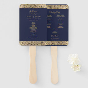Vintage Gold Navy Blue Wild Roses Elegant Wedding Hand Fan