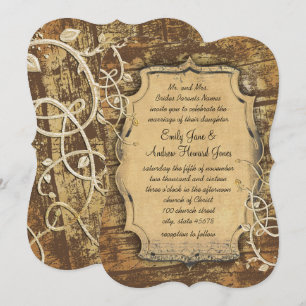 Vintage Gold Old Barn Wood Vine Swirl Wedding Invitation