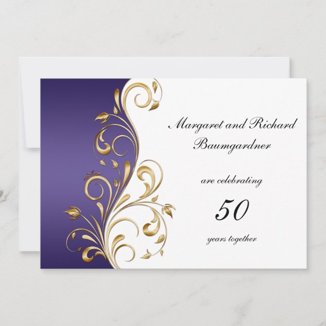 Vintage Gold Purple 50th Wedding Anniversary Invitation (Front)