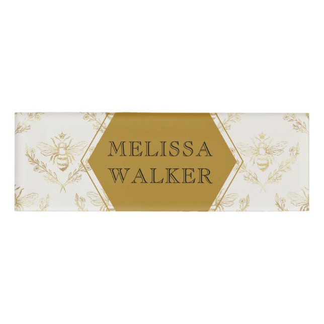 vintage gold queen bee apiary monogram name tag (Front)