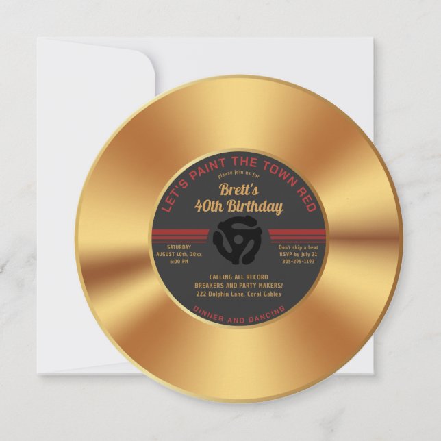 Vintage Gold Record Adult Birthday Invitation – Re (Front)
