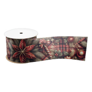 Vintage Gold Red Pattern Christmas  Satin Ribbon