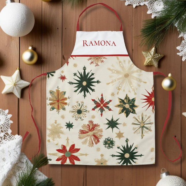 Vintage Gold & Red Snowflakes Personalised Apron (Vintage Gold & Red Snowflakes Personalized Apron)