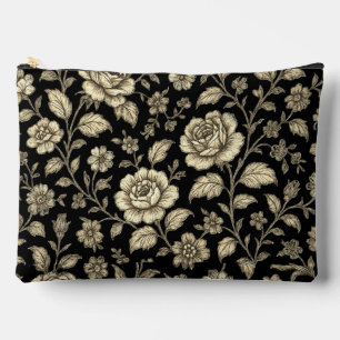 Vintage Gold Rose Floral Pattern on Black Accessory Pouch