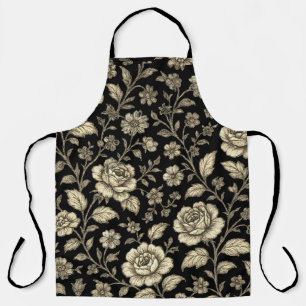 Vintage Gold Rose Floral Pattern on Black Apron