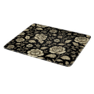 Vintage Gold Rose Floral Pattern on Black Cutting Board
