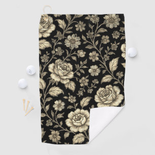 Vintage Gold Rose Floral Pattern on Black Golf Towel