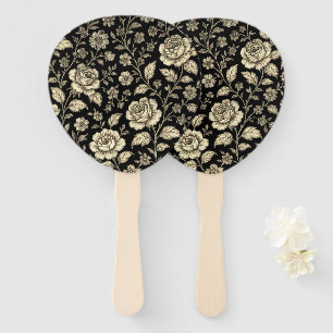 Vintage Gold Rose Floral Pattern on Black Hand Fan