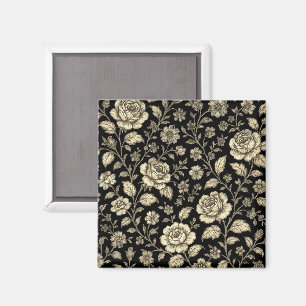 Vintage Gold Rose Floral Pattern on Black Magnet