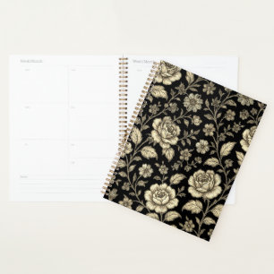 Vintage Gold Rose Floral Pattern on Black Planner
