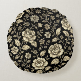 Vintage Gold Rose Floral Pattern on Black Round Cushion