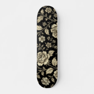 Vintage Gold Rose Floral Pattern on Black Skateboard