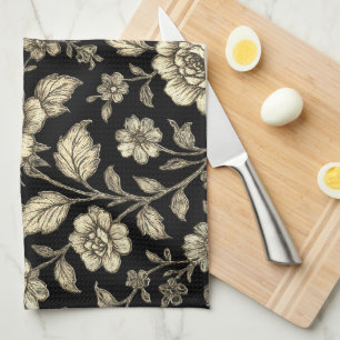 Vintage Gold Rose Floral Pattern on Black Tea Towel