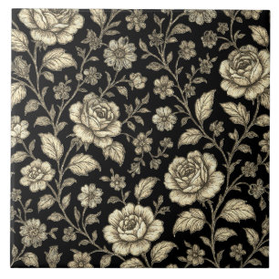 Vintage Gold Rose Floral Pattern on Black Tile