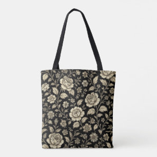 Vintage Gold Rose Floral Pattern on Black Tote Bag