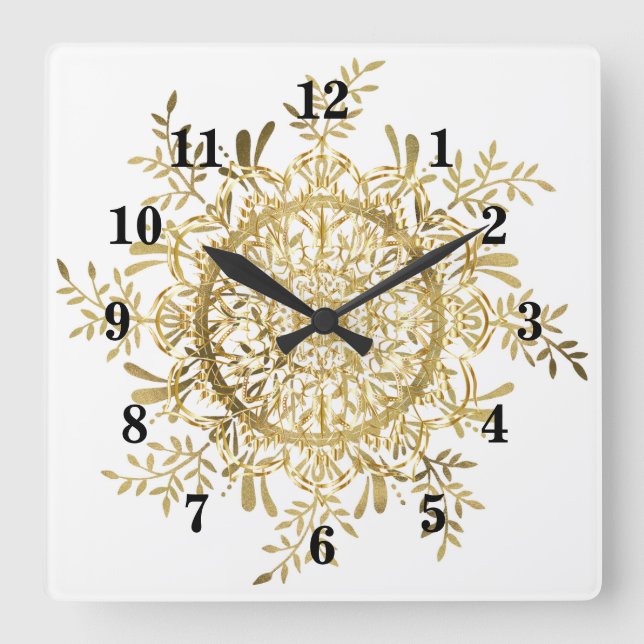 Vintage Gold Snowflake Square Wall Clock (Front)