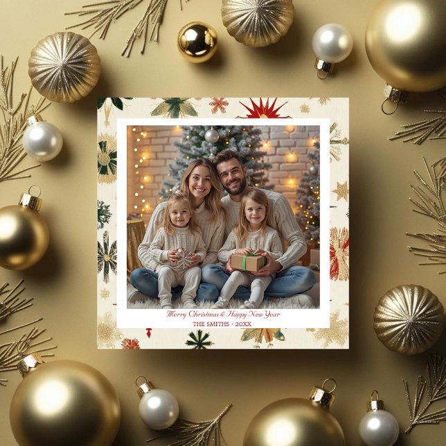 Vintage Gold Snowflakes pattern photo Holiday Card (Vintage Gold Snowflakes pattern photo Holiday Card)