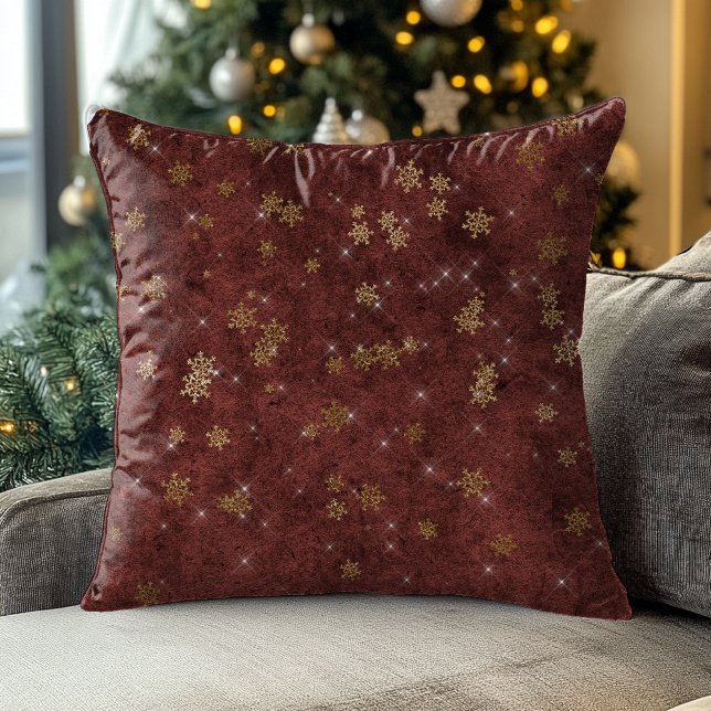 Vintage Gold Sparkle Burgundy Christmas Snowflake Cushion (Creator Uploaded)