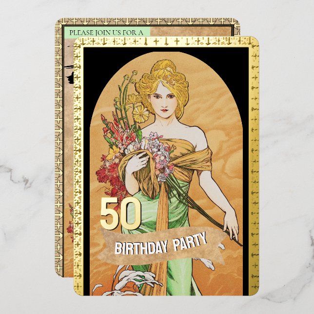 Vintage Gold Spring Goddess, Mucha, 50th Birthday (Front/Back)