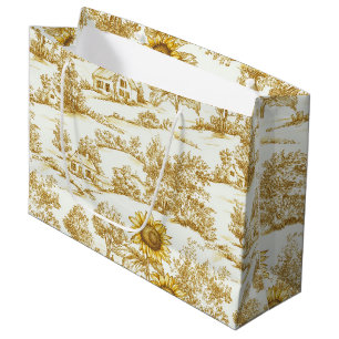 Vintage Gold Sunflower Botanical Toile Pattern Large Gift Bag