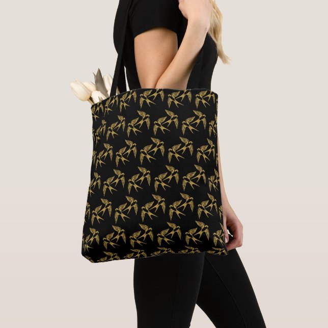 Vintage Gold Swallows Pattern Tote Bag (Close Up)