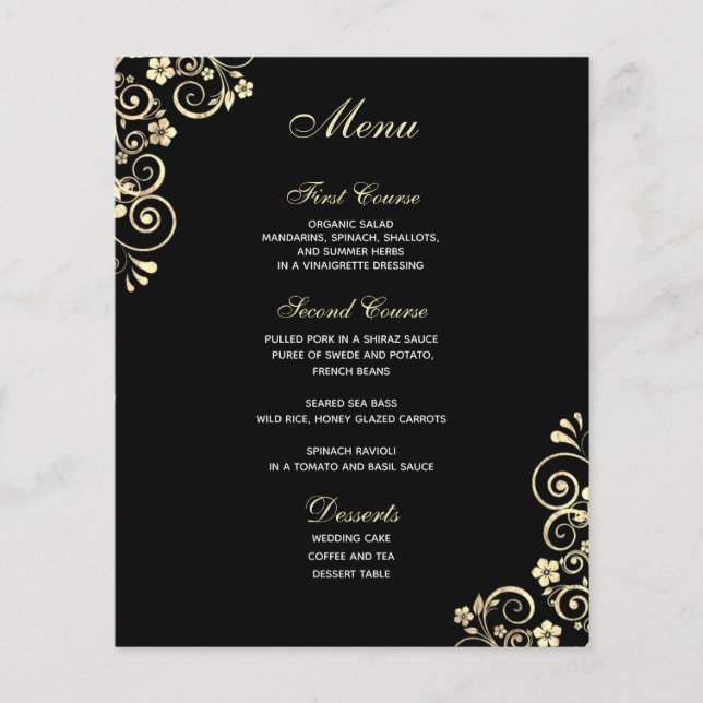 Vintage Gold Swirl on Black Budget Wedding Menu (Front)