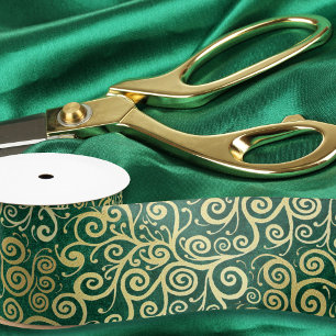 Vintage Gold Swirls Pattern Boho Classy Emerald Satin Ribbon