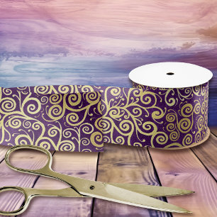 Vintage Gold Swirls Pattern Chic Purple Aubergine Satin Ribbon