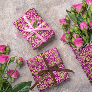 Vintage Gold Swirls Pattern Classy Cute Girly Pink Wrapping Paper